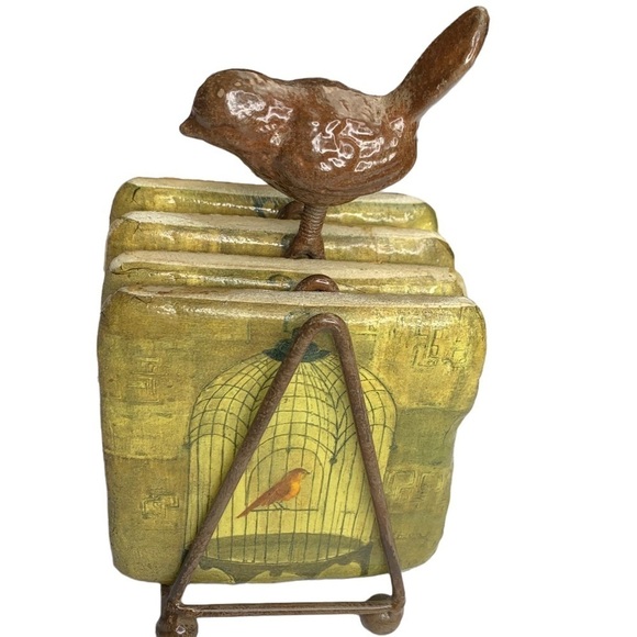 Albeua Stoneware Bird Rectangle Drink Coasters with Iron Works Stand “Holder” - Picture 2 of 14